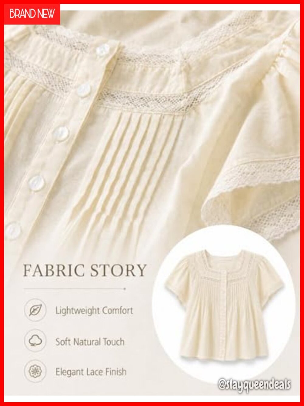 100% Cotton Lace Babydoll Top Square Neck Flutter Sleeve Button Down Crop Blouse - Picture 5 of 7